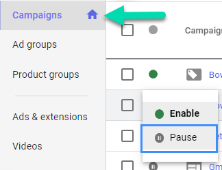 Pause YouTube Ads campaign