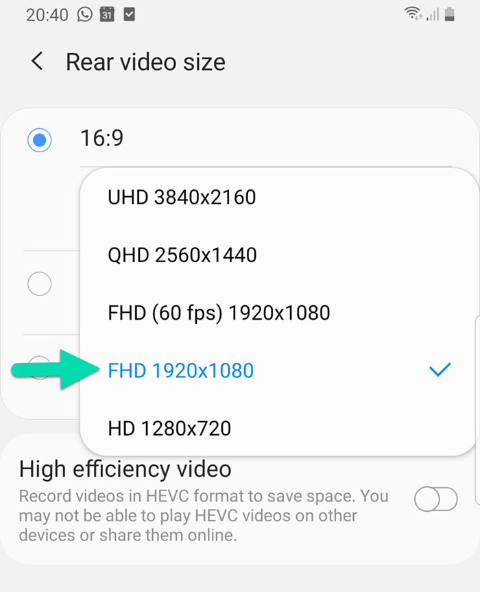 Phone video resolution settings