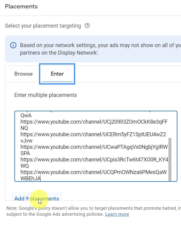 Add YouTube channel targeting placements