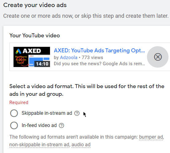 Add YouTube video ad skippable in stream or in feed