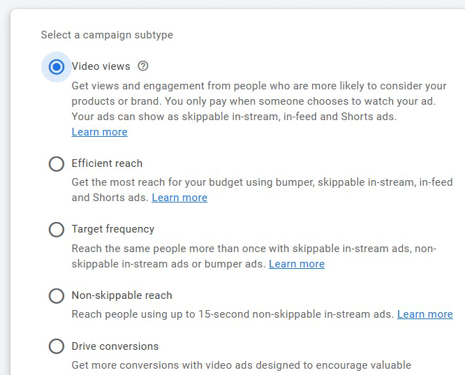 YouTube campaign subtype Video Views (VVC)