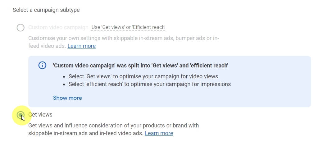 YouTube campaign subtype - Get views