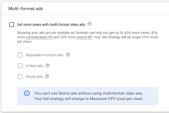 YouTube Campaign Multi-format ads Option
