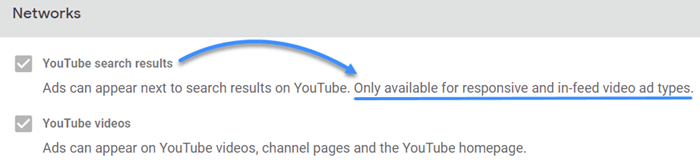 YouTube search network only for responsive and in-feed ad types