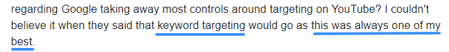 "Keyword targeting one of my best" options for YouTube ads