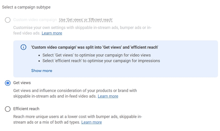 Step 3: Select campaign subtype - Get views