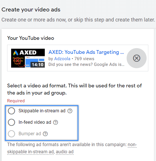 YouTube video ad formats for manual 'Get views' campaign