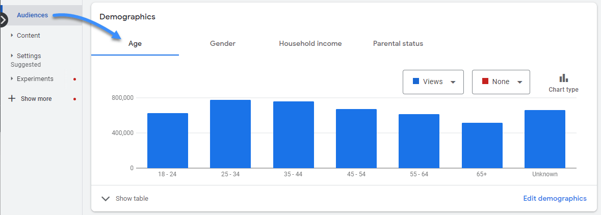 YouTube ad audiences data showing demographics